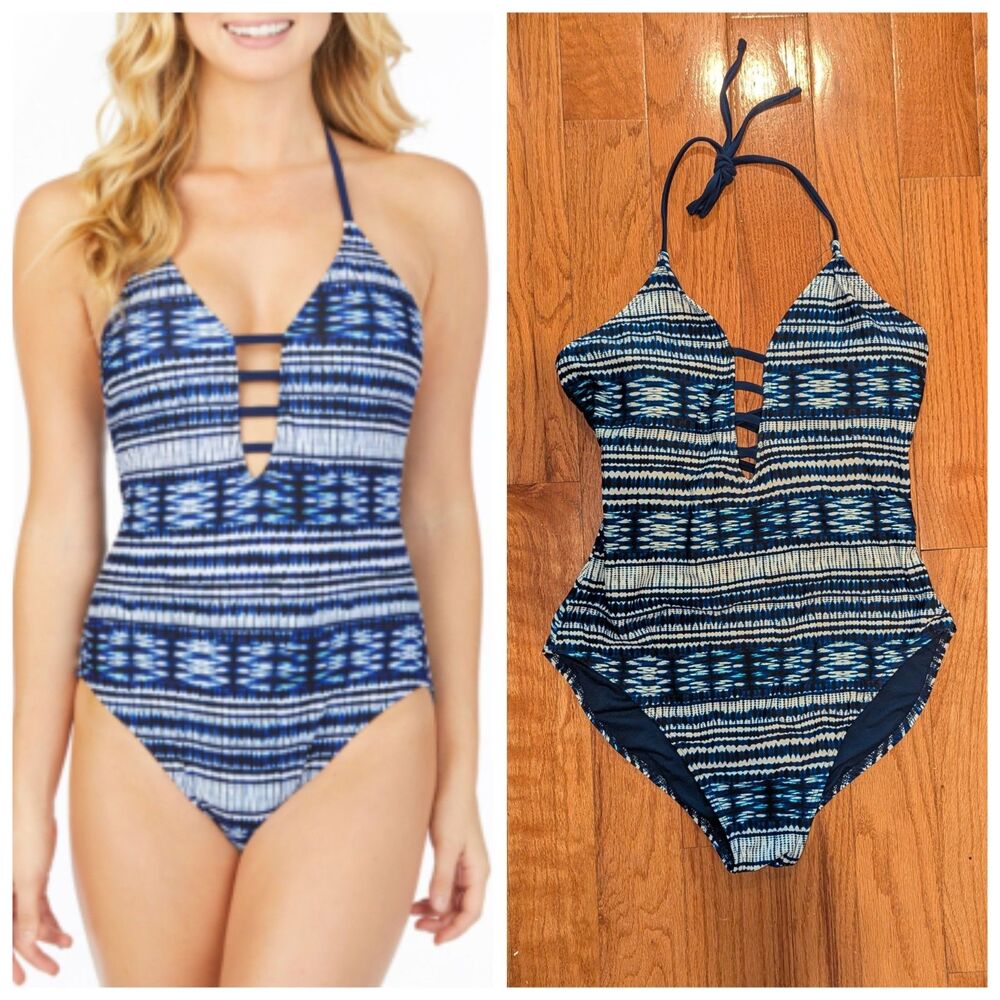 Coastal Boho Plunge One Piece‎ Swimsuit Blue White Ambrielle Large Criss Cross